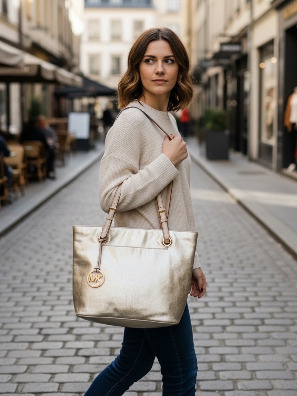 Michael Kors Metallic Gold Leather Tote with MK Charm